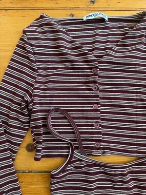 Princess Polly Burgundy & Cream Stripe  Cardigan Crop Top + Tank Set Size 2 NEW